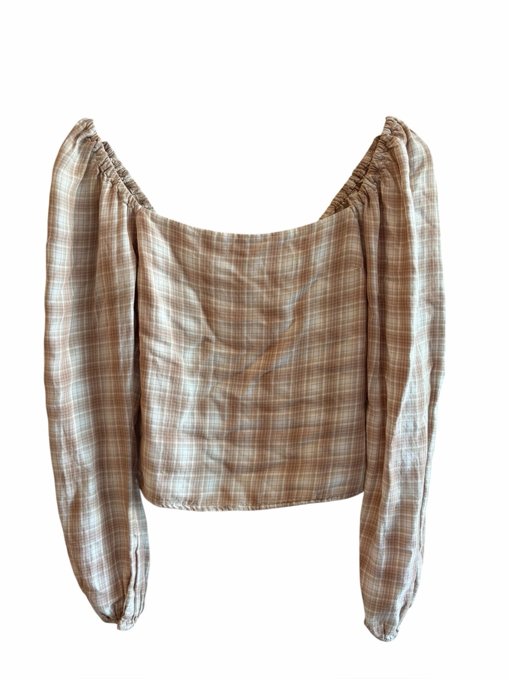 ABERCROMBIE & FITCH Tan White Checked Puff Sleeve Blouse Milkmaid
